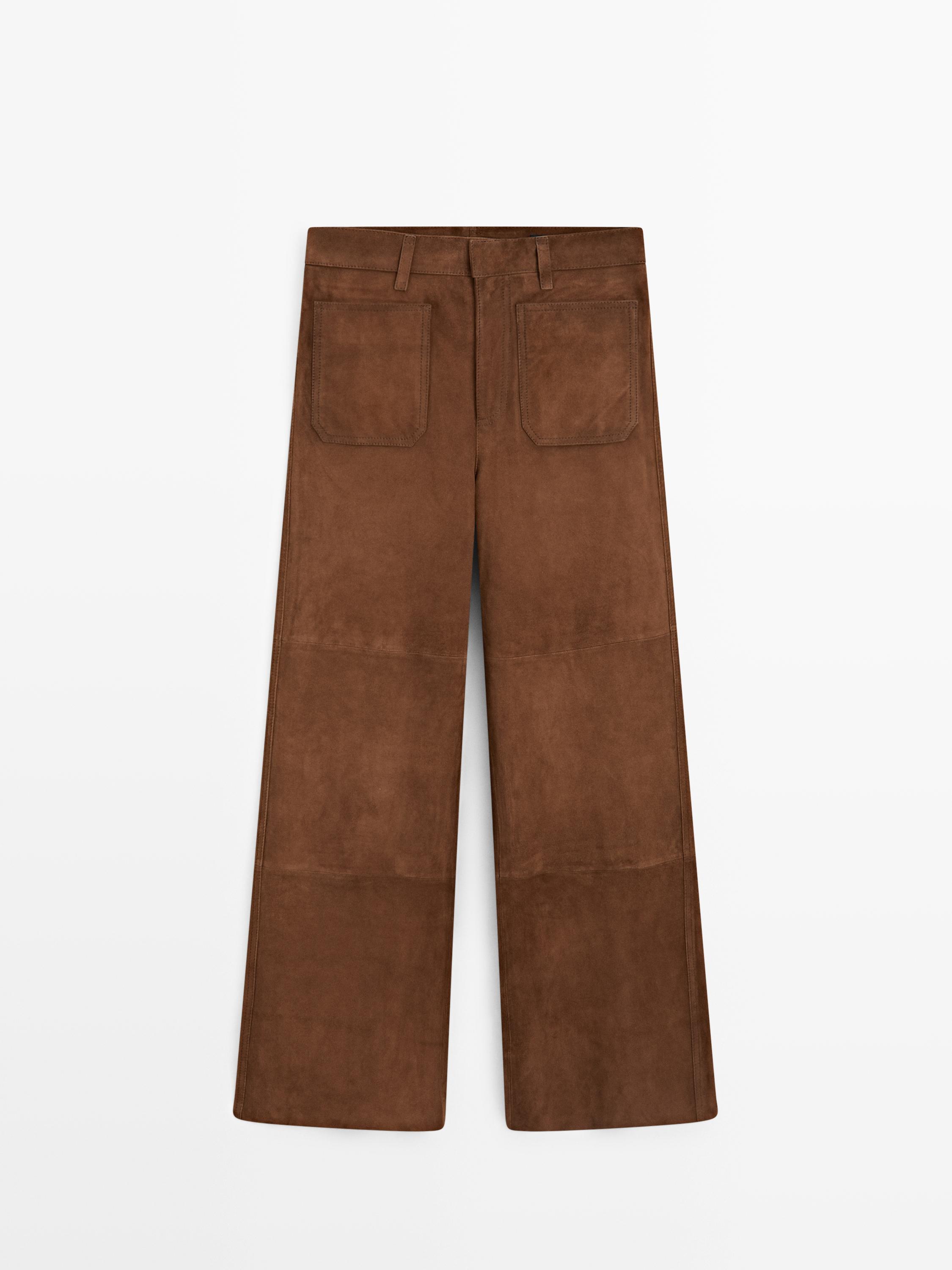 Suede leather wide-leg trousers with pockets